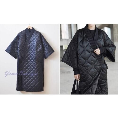 Winter V-Collar Three-quarter Sleeve Kimono /Bandage Padded Coat Quilted Overlong Coat / Loose Over the Knee Long Jacket