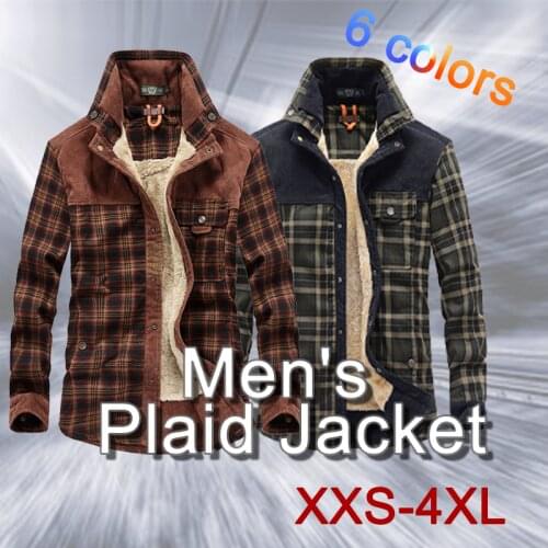 HENCHIRY Men Jackets European-american Fall Winter Vintage Jackets with Fleece Thick Plaid Long Sleeves Loose Cotton-padded Coat