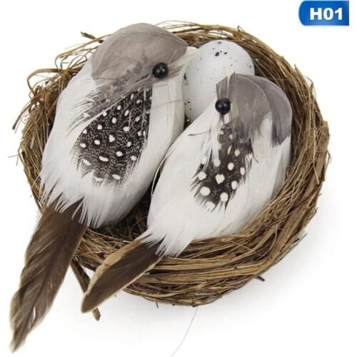 1 Set Artificial Feathered Birds & Nest & Egg Craft Birds Sculpture Lawn Arts Ornaments Home Garden Lawn Decoration