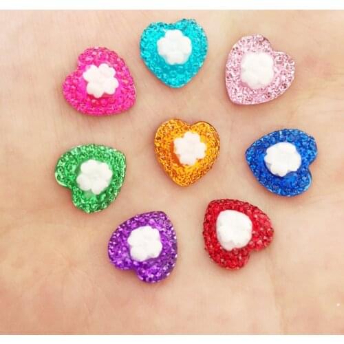 200PCS 12mm Resin Heart Shape Flower Flatback Rhinestone Scrapbook DIY Wedding Appliques Ornaments Craft C02A