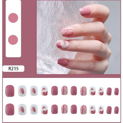 24pcs Love Heart Printed Nail Patch Glue Type Removable Short Paragraph Fashion Manicure False Nail Patch SK88