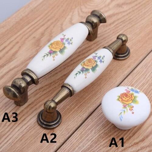 96mm vintage rustico rural ceramic dresser door handles bronze drawer cabinet knobs pulls 3.75" white yellow porcelain handles