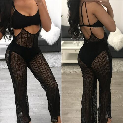BKLD Black White Lace See-through High Waist Wide Leg Pants Casual Lace Up Overalls Women Pant 2018 Summer Fashion Trousers