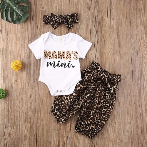 Infant Newborn Baby Girl Letter Bodysuits Leopard Pants Headband 3Pcs Set Outfits Summer Casual Girls Clothing Set