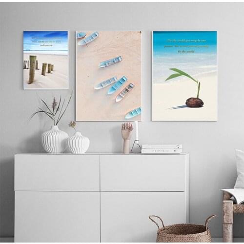 Summer Seaside Sailboat Cruise Beach Small Sapling Blue Fresh Canvas Painting Home Wall Picture Posters Decorative
