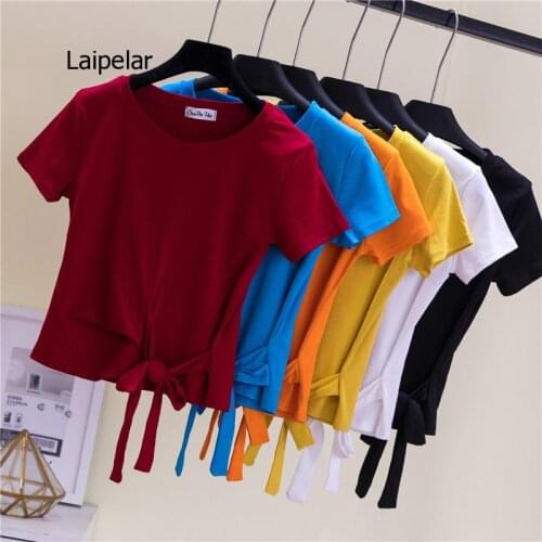 Summer womens T-shirt short round neck band crop midriff short sleeves Korean version blouse bodice