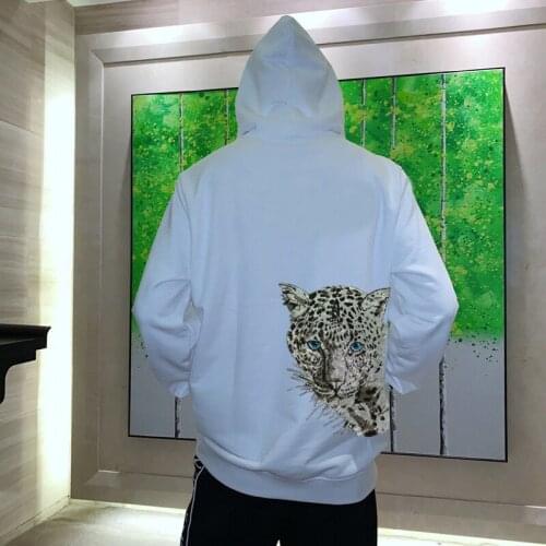 Trendy Luxury Leopard Hot Rhinestone Super Designer Mens Hoodie Winter Hooded Pullover Hip Hop Sweatshirt
