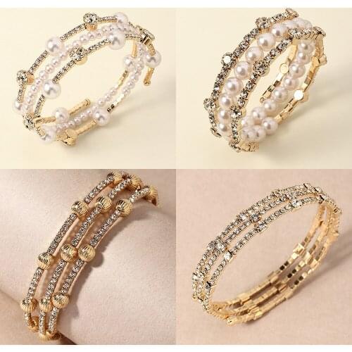 Trendy Metal Geometric Bracelet Bangle Womens Vintage Set Auger Pearl Beads Alloy Multilayer Bracelet Bangle Jewelry for Girls