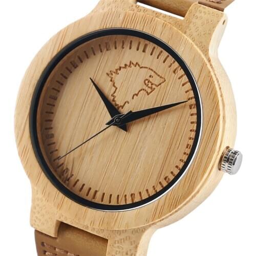 Engraving Ice Wolf Bamboo Men Watch Brown Genuine Leather Watch Strap Natural Fashion Mens Wooden Timepiece