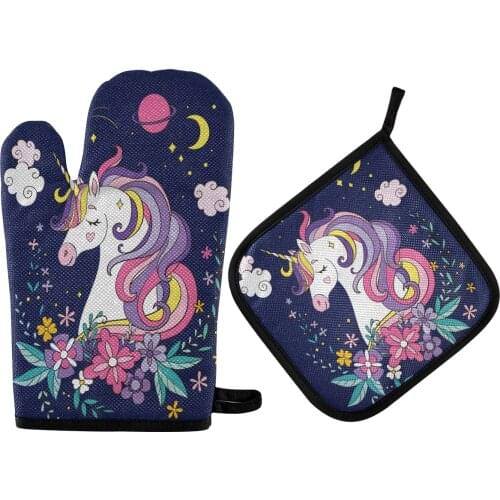 Cute Cartoon Print Microwave Oven Mitts And Pot Holders Set Kitchen Potholder Mat For BBQ Insulation Gloves Oven Mitts Baking
