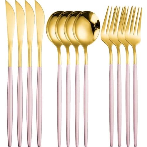4/12Pcs Pink Gold Cutlery Set Mirror Dinner Knife Fork Spoon Flatware Set Kitchen Tableware Stainless Steel Home Dinnerware Set