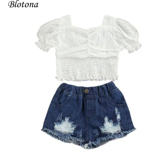 Little Girls Solid Color Clothes Set, Puff Sleeve Square Collar Stretchy Tops + Ripped Short Jeans with Button, 2-7Years