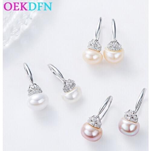 OEKDFN 100% 925 Sterling Silver Earrings Natural Freshwater Pearls Topaz Gemstone Drop Dangle Hook Earrings Fine Jewelry