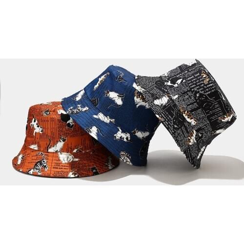 Cute Cat Print Bucket Hat Womens Reversible Fisherman Caps Spring Summer Designer Bob Hats Mens Panama