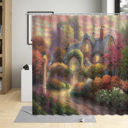 Pastoral House Surrounded By Flowers Shower Curtain Fantasy Oil Painting Bathroom Decor Waterproof Fabric Bath Curtain With Hook