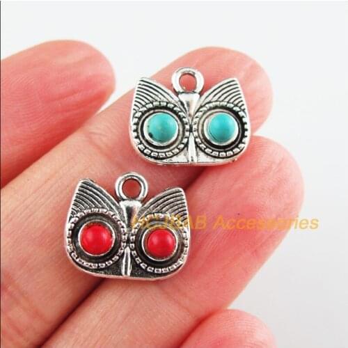 15 New Owl Head Charms Tibetan Silver Tone Red & Blue Stone Animal Pendants 13x15mm