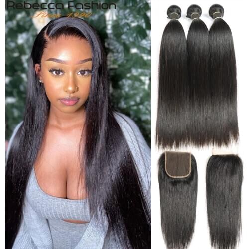 Rebecca Human Hair Bundles With Closure 3 Bundles With Closure Remy Hair Extension Peruvian Straight Hair Bundles With Closure
