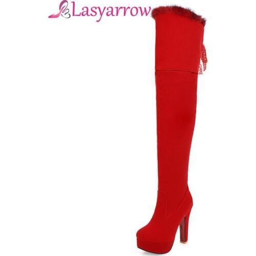 Lasyarrow Wedding Shoes Thick High heels Over the Knee Boots Women Sexy Back Lace Up Thigh High Boots Round Platform Long Botas