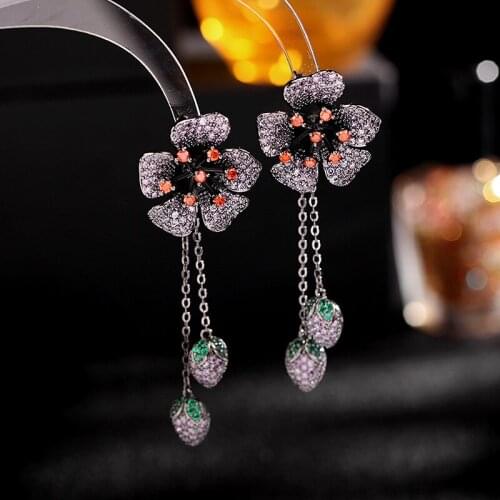 A Pair Of Black And Purple Gem Retro Earrings With Two Guns, Long Tassels, Elegant And Sweet Romantic Flower Ear Jewelry Female