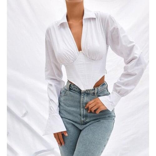 Puloru Vintage White Casual Shirts Womens Plunging Neckline Long Sleeve Bustiers Crop Tops High Street Fall Spring Slim Shirts