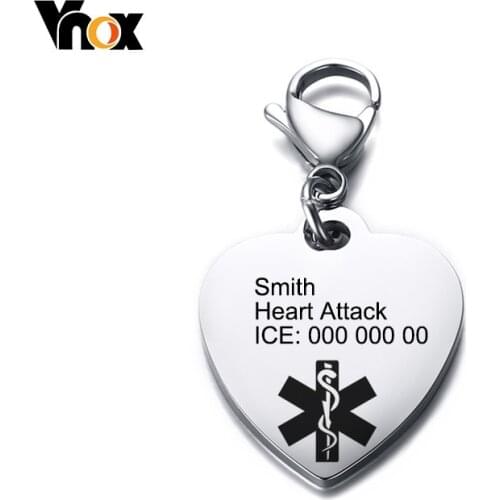 Vnox Free Engraving Heart Shape Medical Alert ID Key Chains for Men Women Emergency Reminder Jewelry