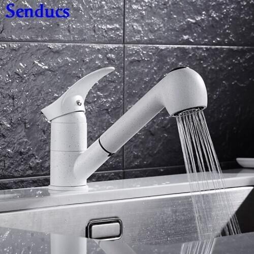 Senducs White Spot Pull Down Basin Faucet New Arrival Hot Cold White Bathroom Faucet Quality Brass Pull Out Basin Mixer Tap