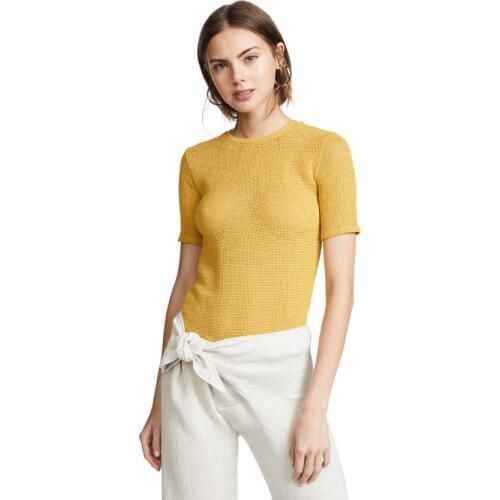 Womens Summer Short Yellow Solid Color Mesh Fabric Material T-Shirt