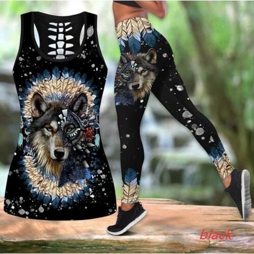 Yoga Set Women Wolf Print Sleeveless Top and Slim Legging Yoga Suit Running Fitness Gym Workout Casual Sport Suits Plus Size
