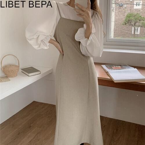 New 2020 Autumn Winter Womens Sets 2 Pieces Blouses Sleeveless Dresses Fashionable Elegant Vintage Lace Up Long Suits WS3270