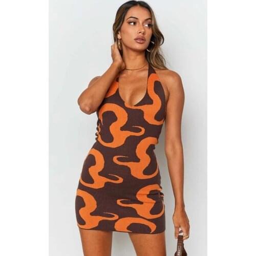 Sexy Slim Patchwork Orange Print Women Dress Backless Lace Up Halter High Waist Dresses V Neck Summer Dress Vestidos 2021