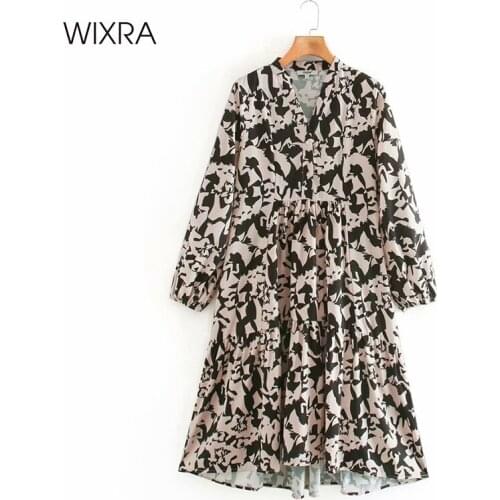 Wixra Print Dresses Womens V Neck Empire Full Sleeve Mid Calf Long Clothing 2021 Spring Summer