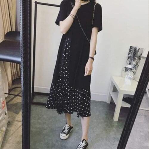 2021 womens summer fashion chiffon dress polka dot short sleeve round neck stitching dress female casual dress