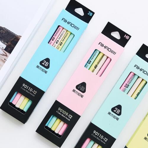 12 pcs/Set 5 color 2B HB Macaron pencilsWood Standard black & pastel pencil for drawing Stationery Office school supplies Gift
