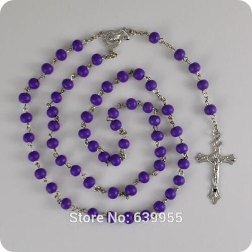 15x Purple Wood Rosary Beads INRI JESUS Cross Crucifix Pendant Necklace Blessed Virgin Mary Catholic Fashion Religious jewelry