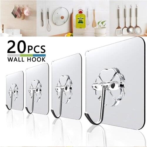 20Pcs 6CM Wide Transparent Wall Hooks Waterproof Self Adhesive Hooks Reusable Seamless Strong Stickiness Hanging Hook for Office