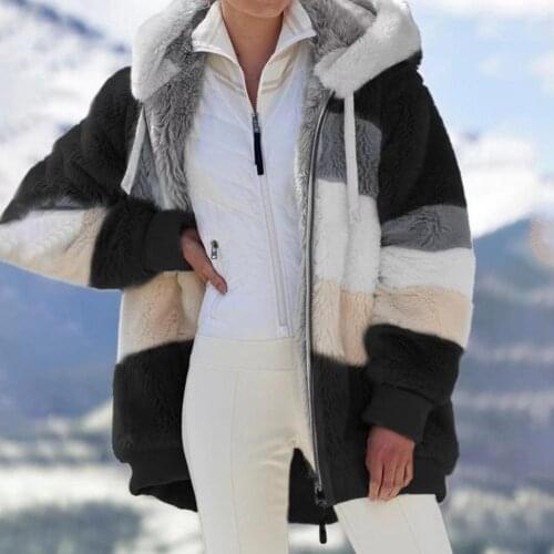40% Dropshipping!!Winter Women Coat Contrast Color Hooded Loose Plush Zipper Coat for Daily Wear