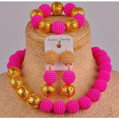 African beads fuchsia pink costume necklace jewelry set simulated pearl nigerian traditional wedding jewelry sets FZZ89