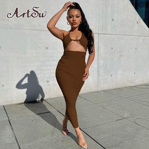 Artsu Sexy Halter Draped Womens Midi Dress Party Club Backless Sleeveless Long Dresses Elegant Cut Out Dress Clothes