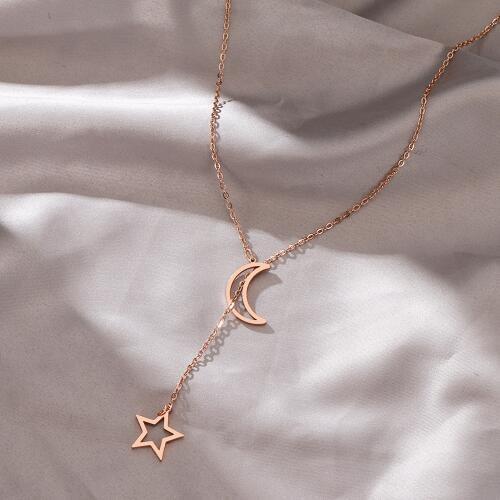 DOTIFI 316L Stainless Steel Double Pendant Long Chain Moon Star Rose Gold Necklace Statement Jewelry Wholesale