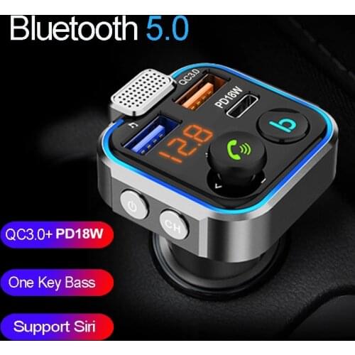 JINSERTA QC3.0 PD18W Quick Charger Car Bluetooth 5.0 FM Transmitter One Key Bass Mp3 Player Large Microphone USB Music Play