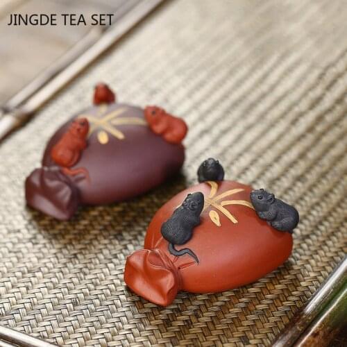 Chinese Yixing Purple Clay Tea Pet Lucky Handmade Money Bag Mouse Model Ornament Tea Figurine Crafts Boutique Tea Set Decoration