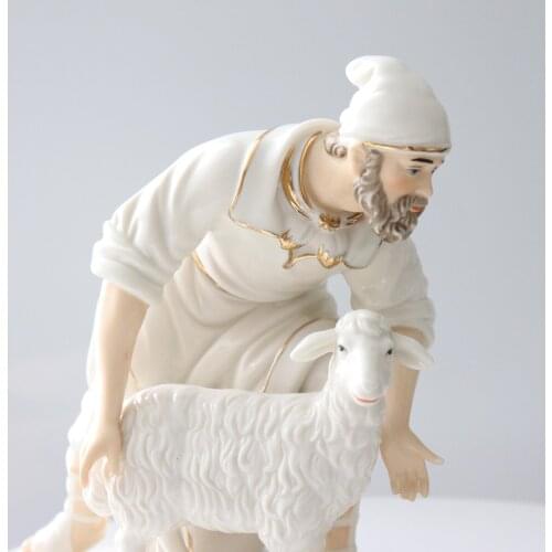 Creative Shepherd Stroking White Sheep Statue Home Decor Crafts Room Decor Objects Office Tracing Gold Shepherd Ceramic Figurine