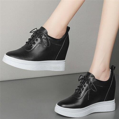 Fashion Sneakers Women Genuine Leather Wedges High Heel Ankle Boots Female Lace Up Platform Pumps Shoes Casual Oxfords Shoes