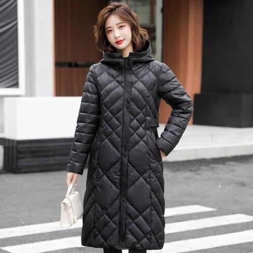 New Winter Woman Long Parkas Vintage Plaid Hooded Cotton Women Jacket Pockets Casual Solid Zipper Winter Coat Female Overcoat