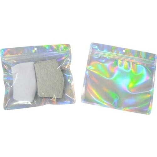 100pcs Laser Ziplock Bag Cosmetic Brush Underwear Storage Self Sealing Gift Bag Transparent Holographic Plastic Bag Packaging