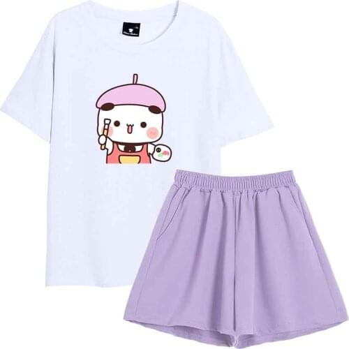 Kawaii Pajama Cartoon Cute Bear Print Women T-Shirt Cotton Tee Tops Womens Two Piece Set Summer Sports Shorts Tracksuit Suit