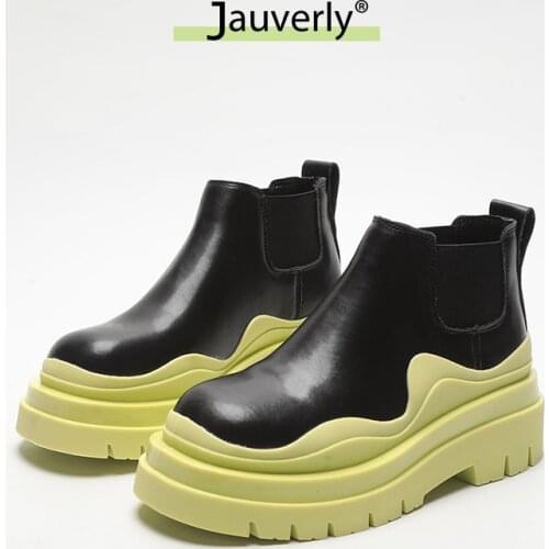 2021 New Candy Color Ankle Boots Genuine Leather Chelsea Boots Fashion Street Womens Party Boots Platform Chunky Heels Shoes