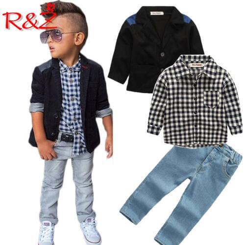 R&Z 2019 autumn new boy suit suit plaid shirt jeans 3 piece set denim plaid clothing children long sleeve jacket