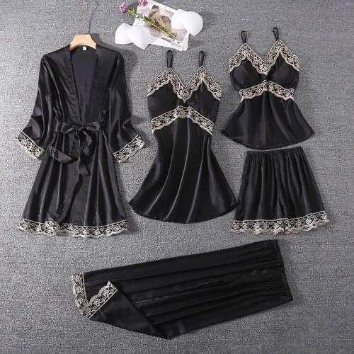 5PCS Pajamas Suit Women Kimono Robe Set Intimate Lingerie Black Casual Spring Nightwear Autumn New Lace Home Clothing