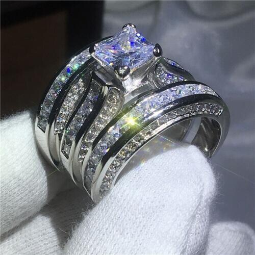 Dropshipping Handmade 3-in-1 ring Yellow & White Gold Filled Engagement wedding band rings for women AAAAA zircon Bijoux Gift